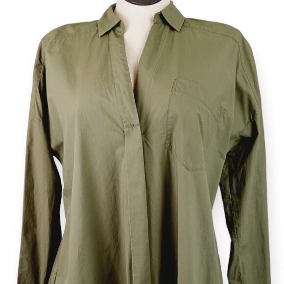 Free People SZ M Button Down High Low Shirt Dress in Army Green Hidden Buttons - Picture 3 of 8